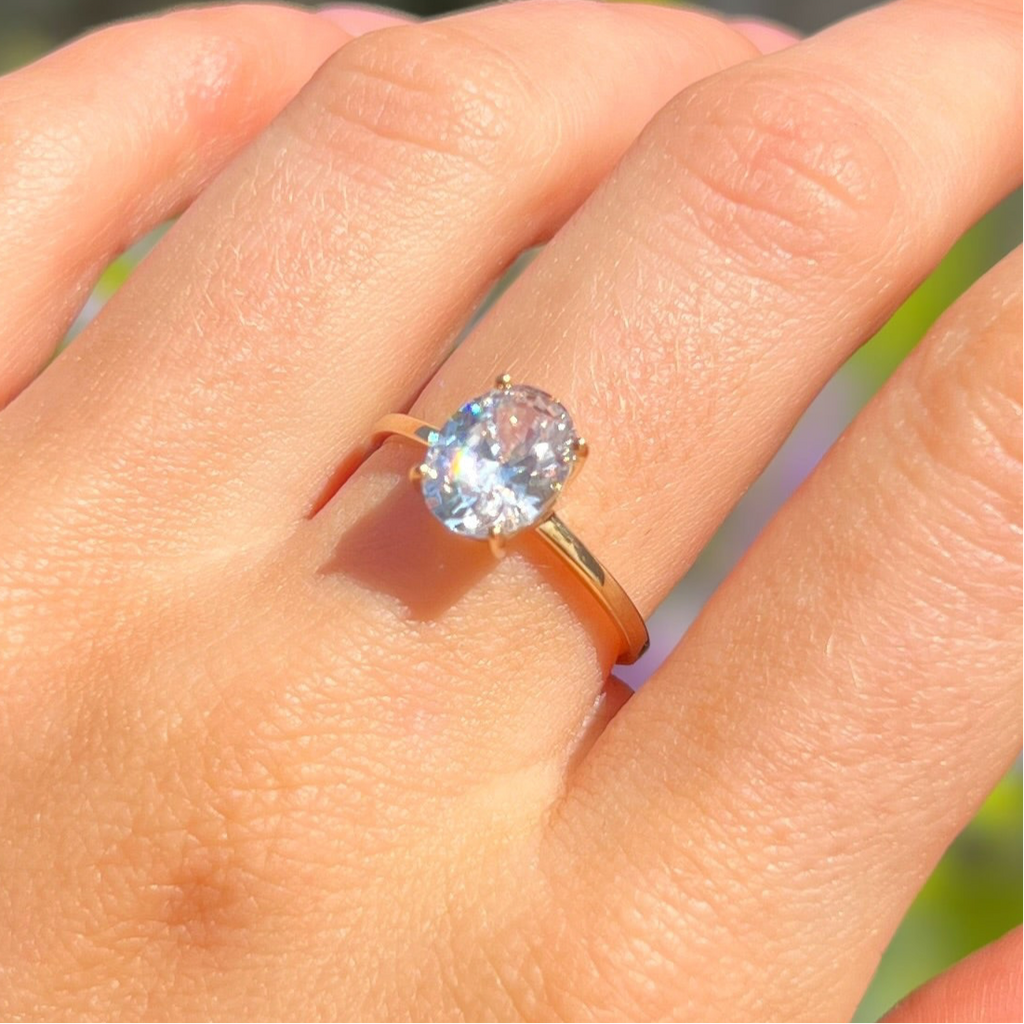 Oval Cut Claw Set Solitaire Cubic Zirconia 9ct Yellow Gold Ring | Size N