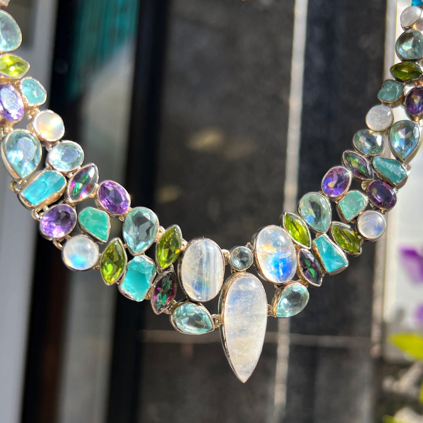 Rainbow Moonstone, Amethst, Aquamarine, Peridot & Mystic Topaz Chunky Sterling Silver Statement Necklace