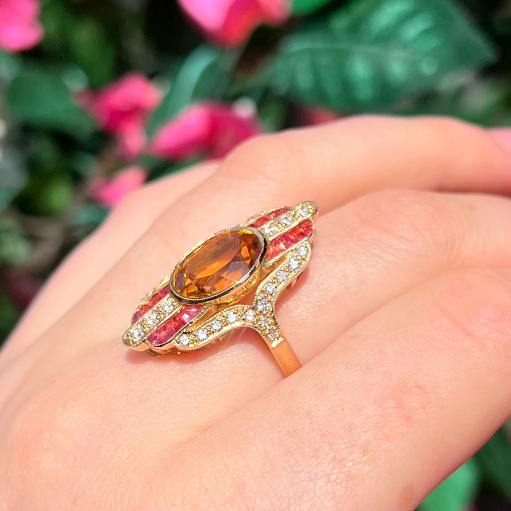 'The Soleil' Citrine, Orange Sapphire and Diamond 18ct Yellow Gold Cocktail Ring | Size M ½