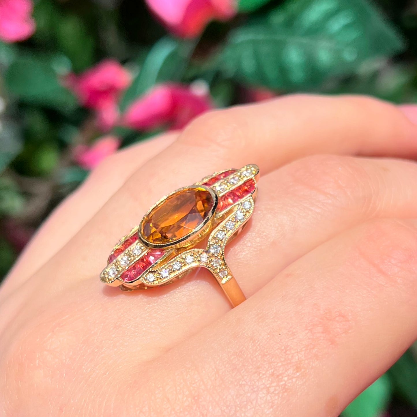 The Soleil Ring | 18ct Yellow Gold Citrine, Orange Sapphire and Diamond Cocktail Ring Size M 1/2