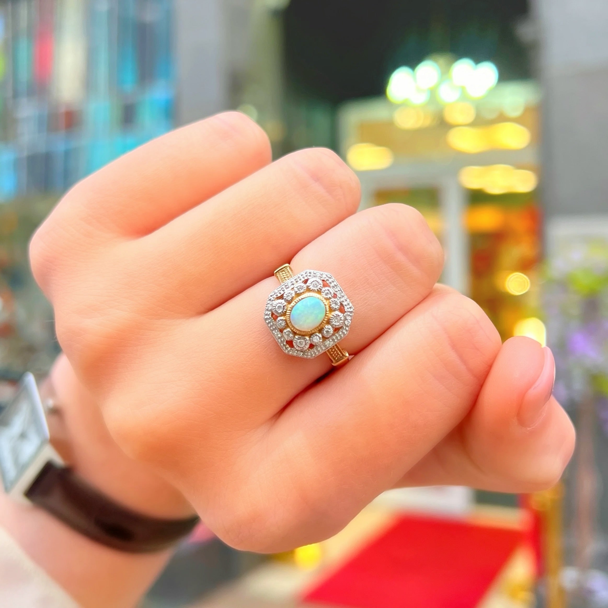 Art Deco Inspired Octagonal Opal and Diamond 9ct Yellow Gold Cluster Ring | Size O