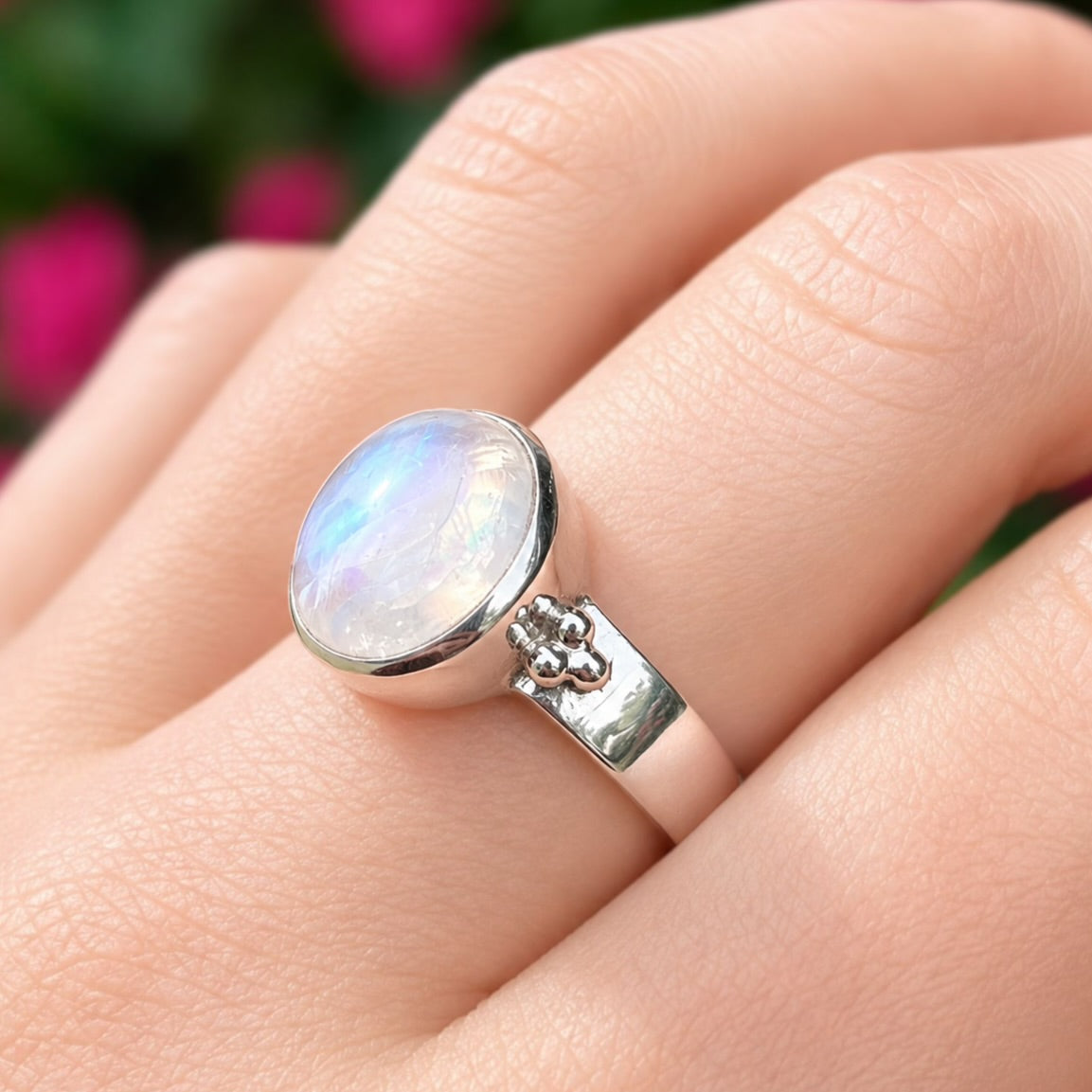 Striking Sterling Silver Round Rainbow Moonstone Ring - Size N