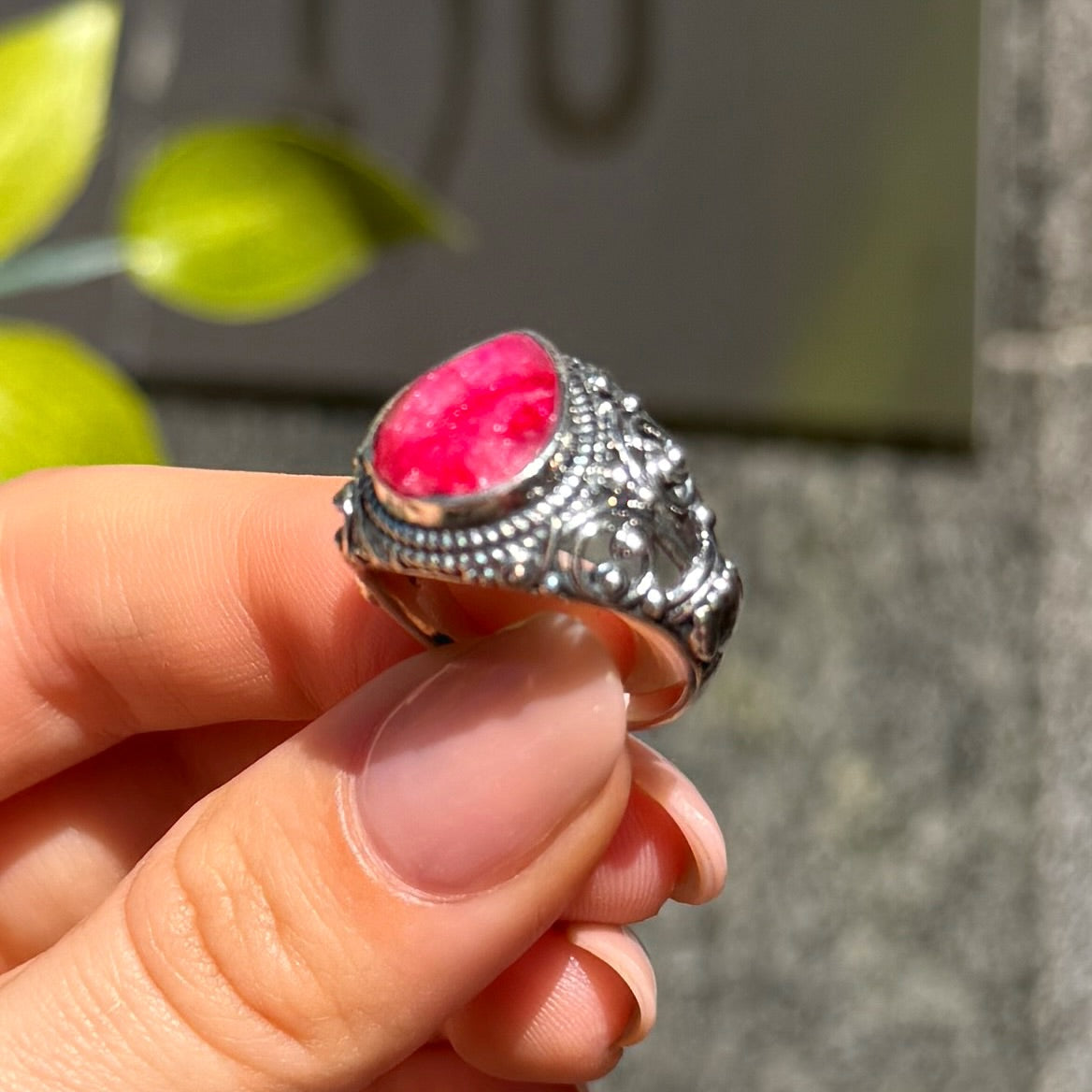 Pear Cut Ruby Sterling Silver Boho Chunky Ring | Size O