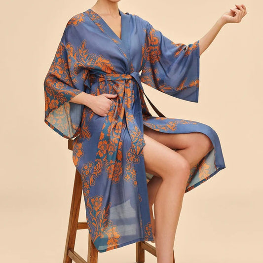 Powder Accessories Navy Blue & Orange Long Kimono Gown - Denim Tapestry