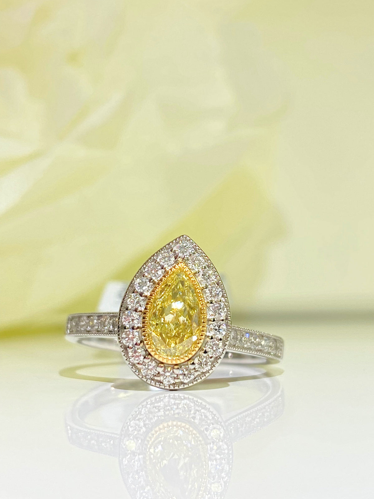 Rare Canary Lemon Yellow Diamond Pear Halo Platinum Ring | Size M