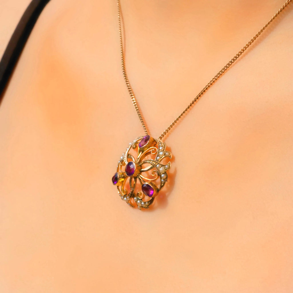 Antique Edwardian Amethyst and Seed Pearl 9ct Yellow Gold Necklace