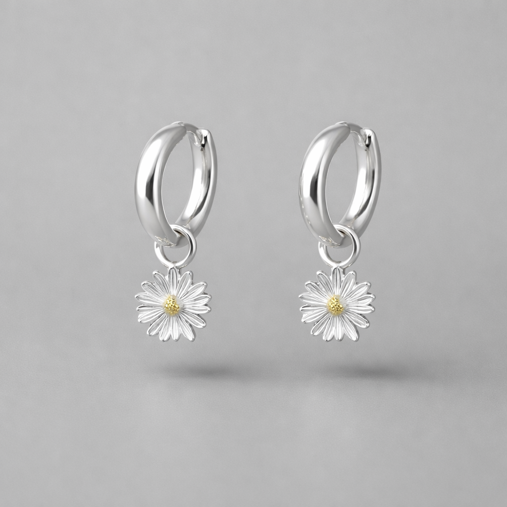 Sterling Silver Two-Tone Daisy Huggie Hoop Earrings