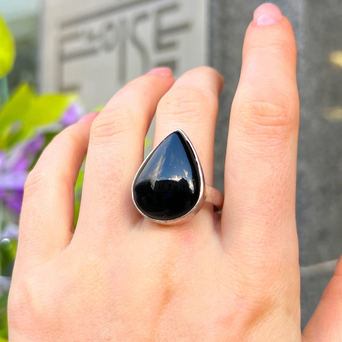 Sterling Silver Pear Cut Black Onyx Ring - Size P