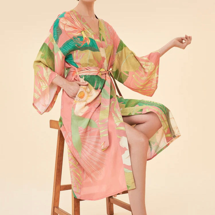 Powder Accessories Pink & Green Botanic Long Kimono Gown - Candy