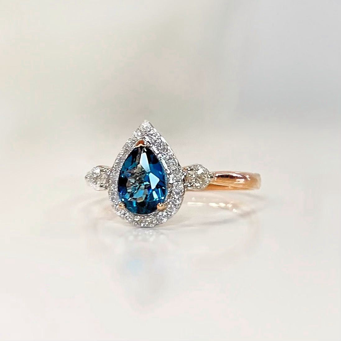 London Blue Topaz and Diamond 9ct Rose Gold Ring | Size M
