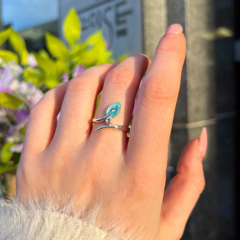 Cubic Zirconia Rowan Sage Enamel Leaf Sterling Silver Ring | Size L ½ | Sheila Fleet