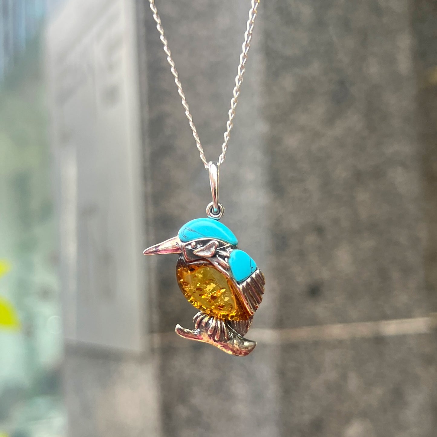 Sterling Silver Orange Amber & Blue Turquoise Bird Design Necklace