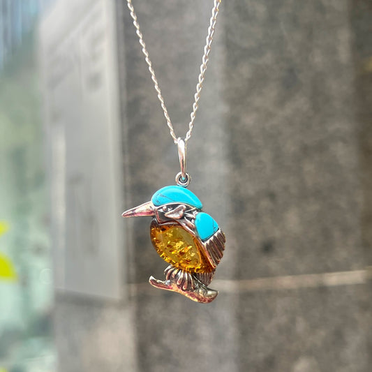 Sterling Silver Orange Amber & Blue Turquoise Bird Design Necklace