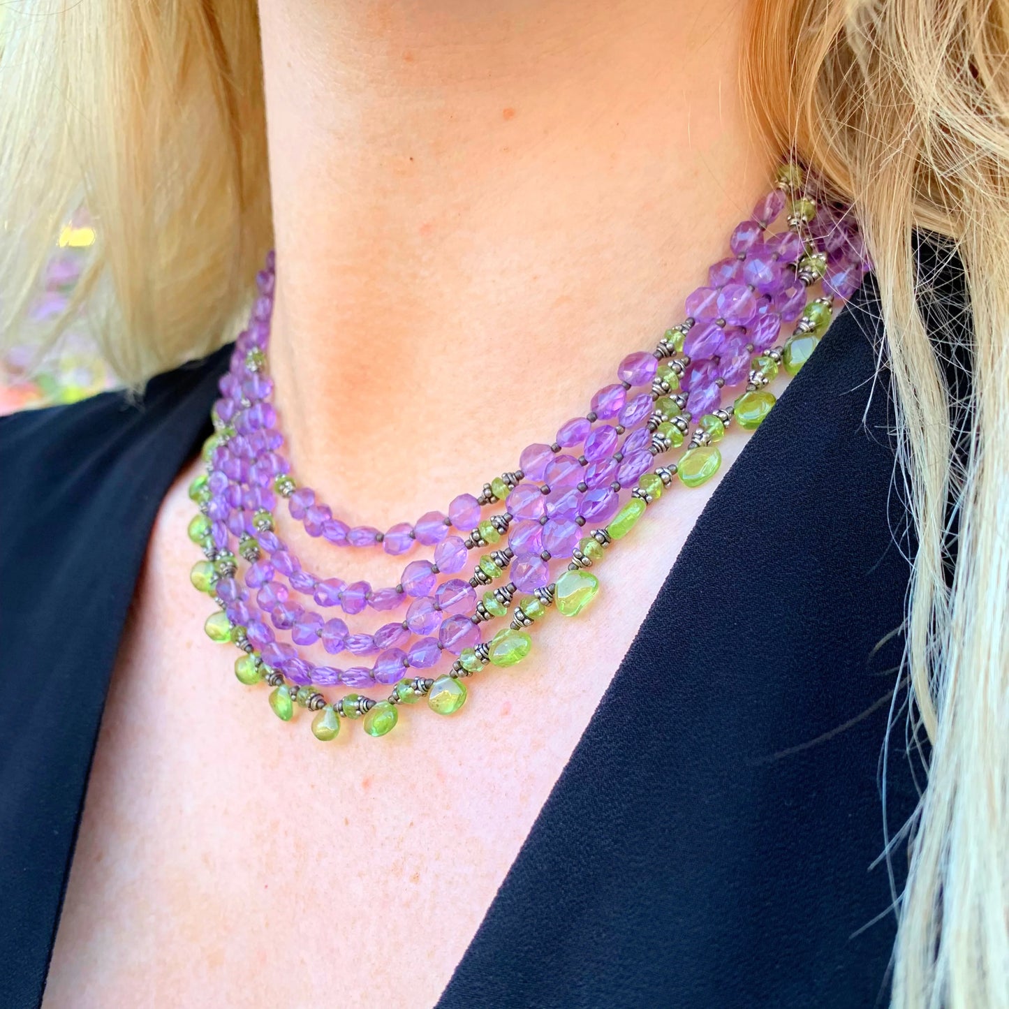 Vintage Inspired Sterling Silver Purple Amethyst & Green Peridot Layered Beaded Statement Necklace