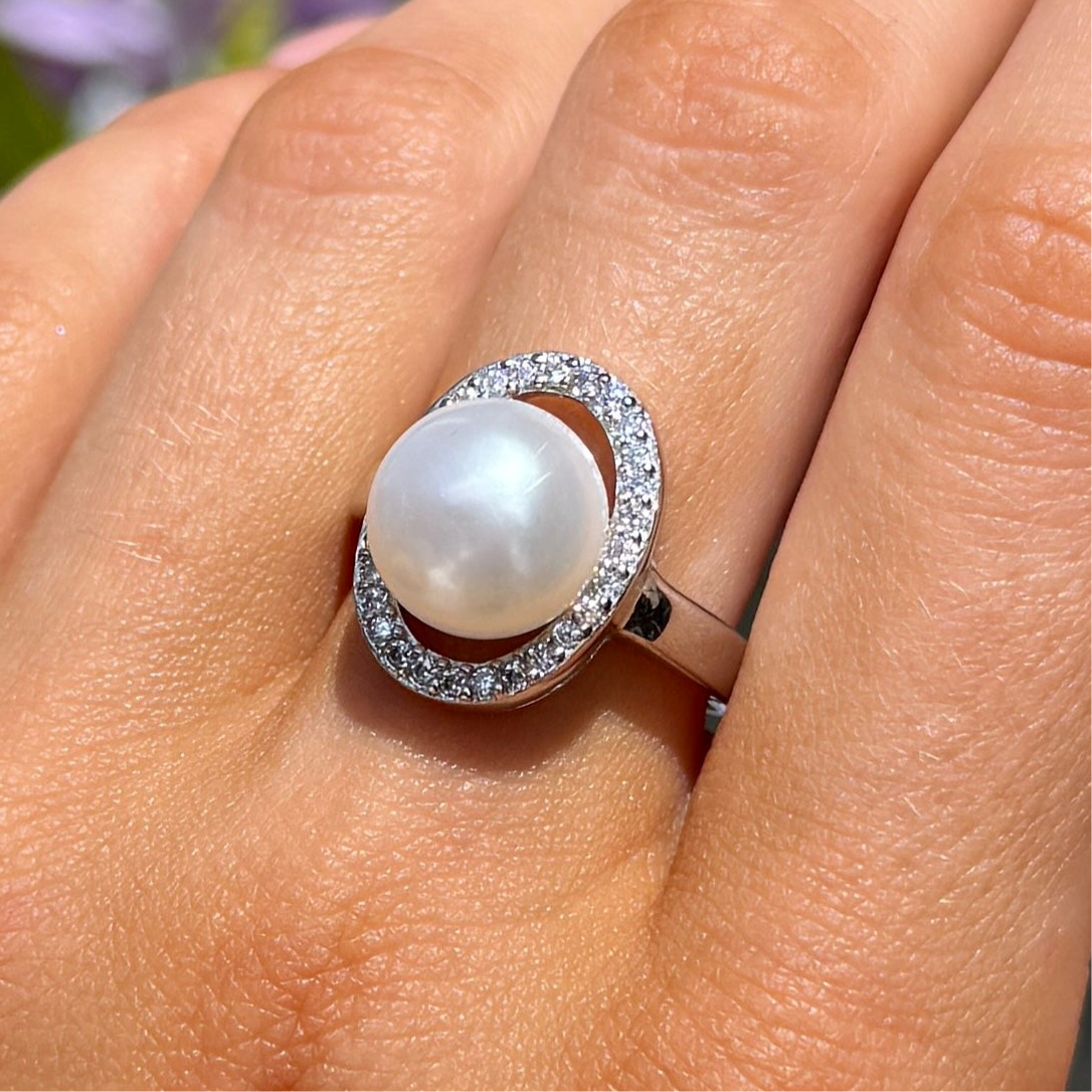 Cubic Zirconia and Pearl Sterling Silver Swirl Ring | Size M ½