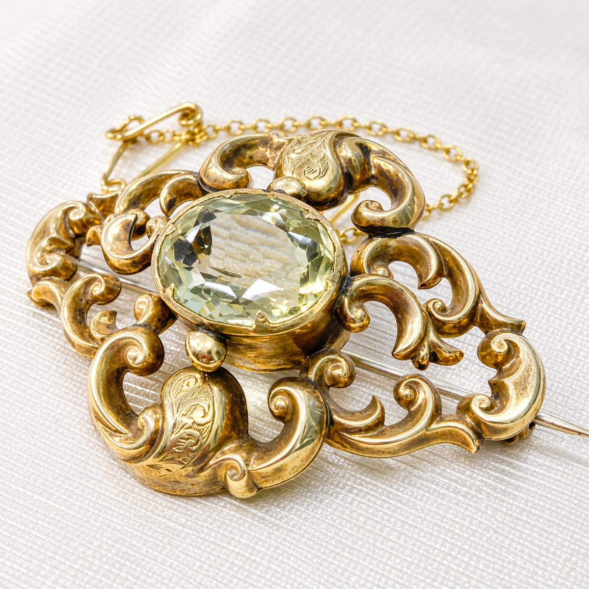 Victorian Golden Citrine 9ct Yellow Gold Brooch (with safety chain)