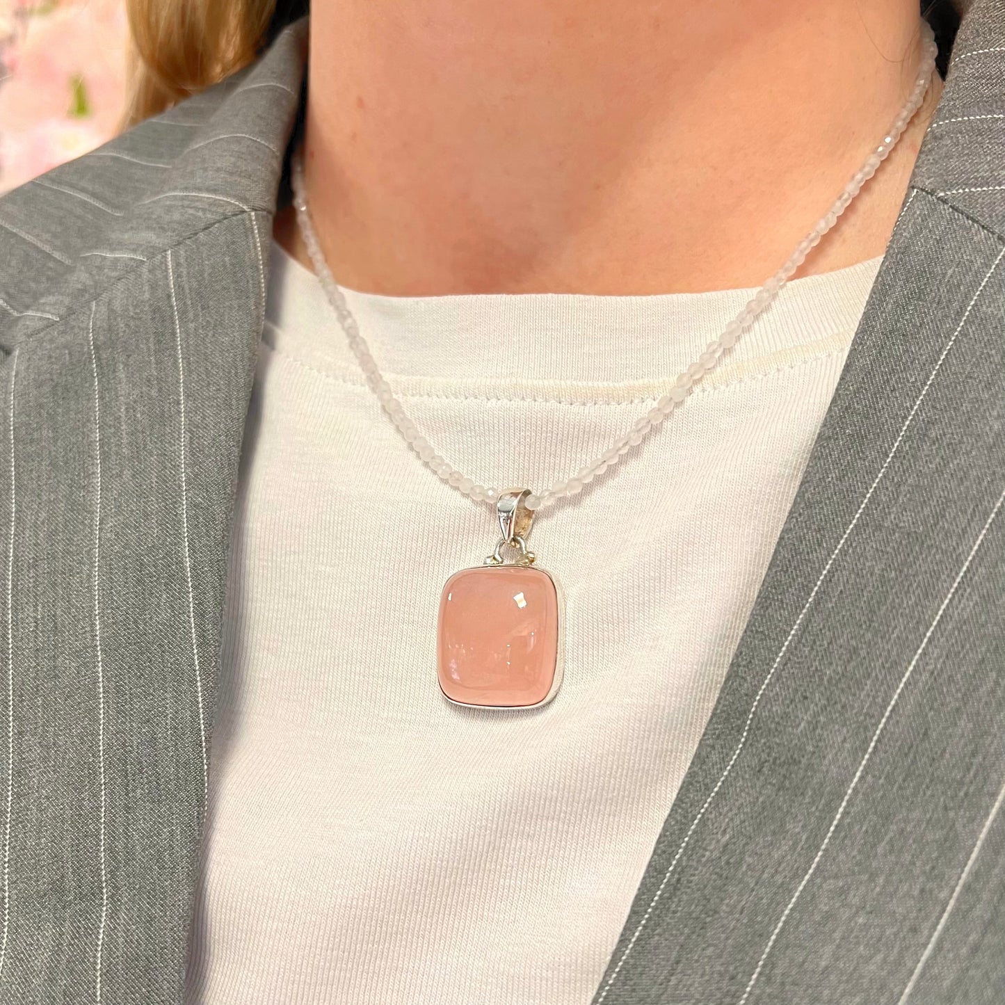 Sterling Silver Pink Square Rose Quartz Beaded Necklace