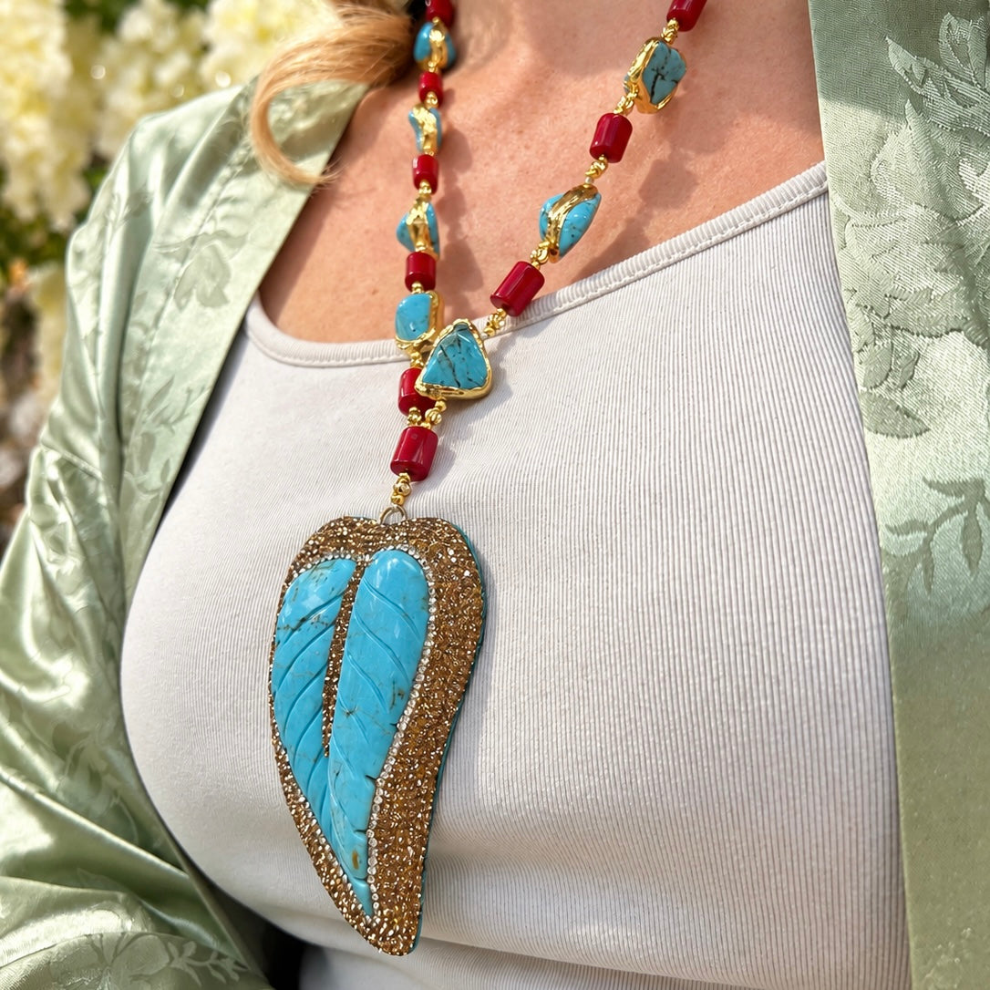Red Coral & Turquoise 18ct Yellow Gold Plated Beaded Leaf Chunky Necklace