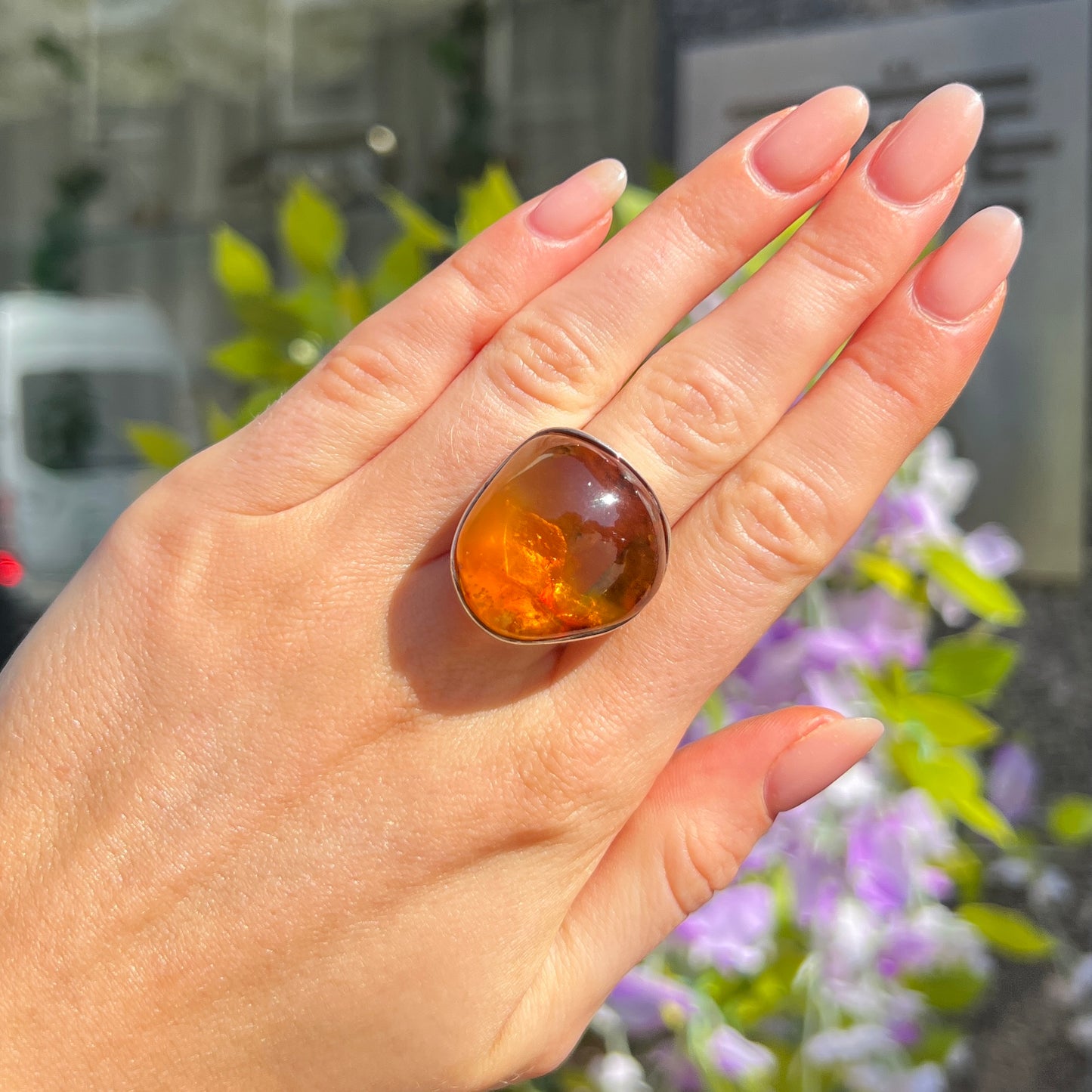 Super Chunky Sterling Silver Orange Amber Ring - Adjustable Size