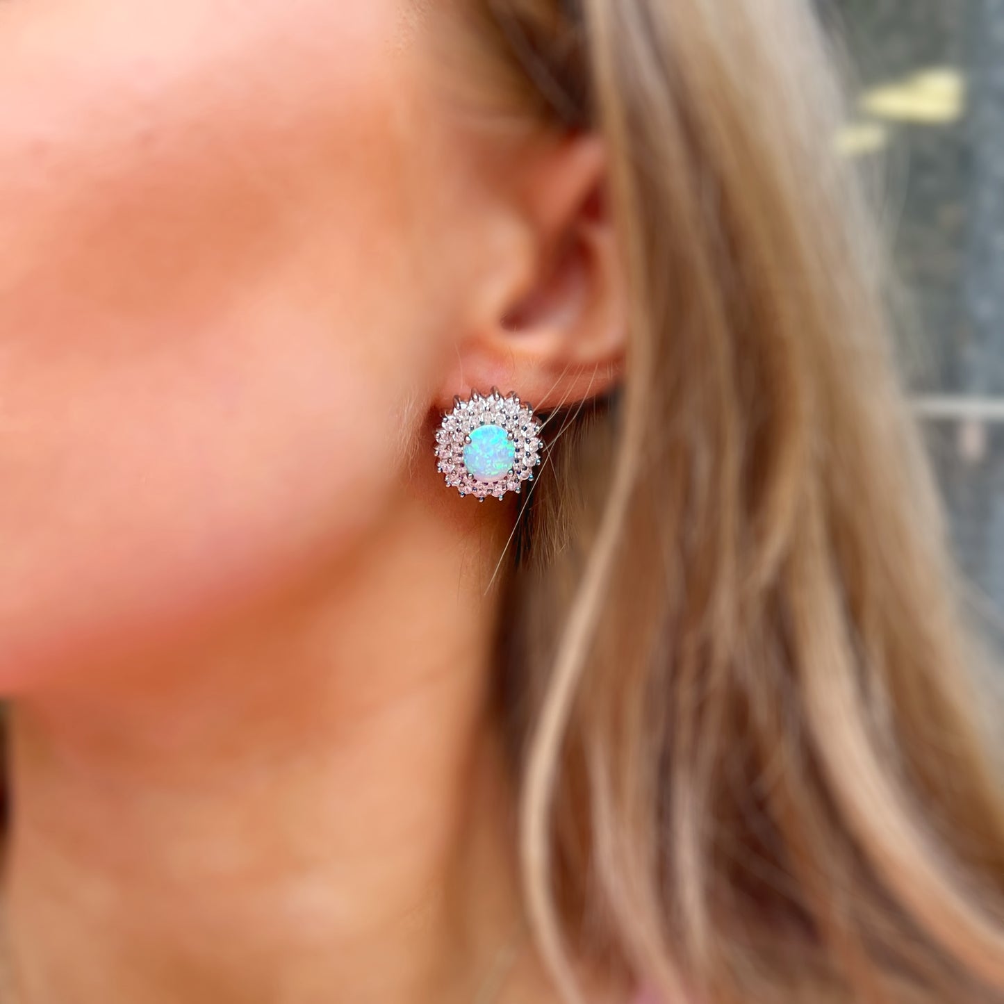 Large Elegant Sterling Silver Opal & Cubic Zirconia Halo Stud Earrings