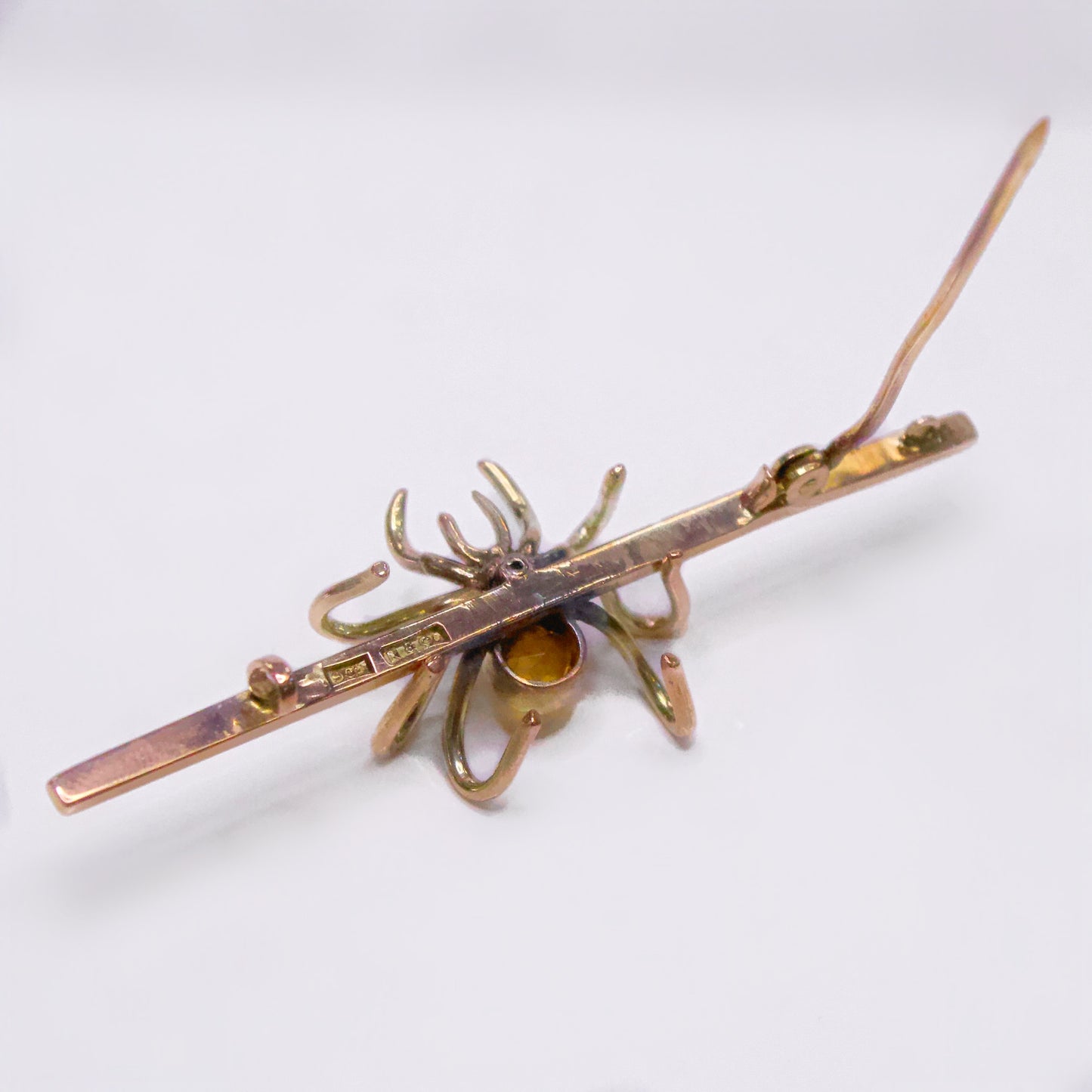 Antique 9ct Gold Citrine and Ruby Spider Bar Brooch