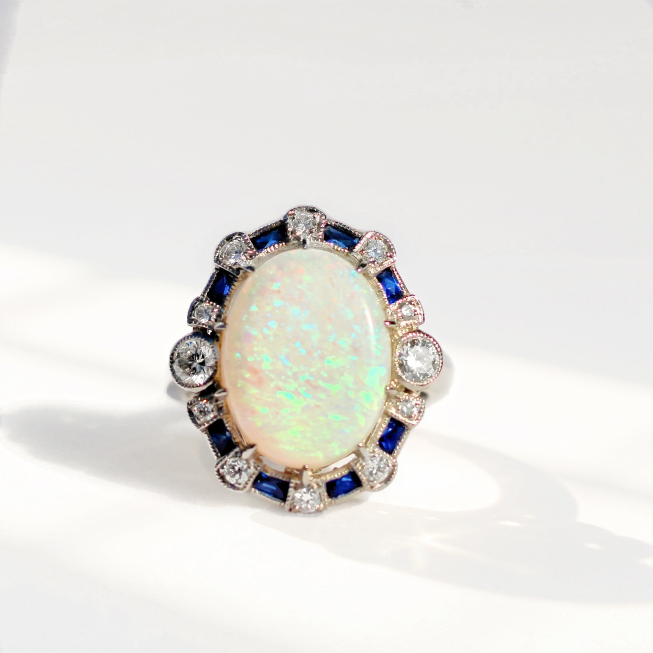 Art Deco Reproduction Opal, Sapphire and Diamond Platinum Ring | Size N ½