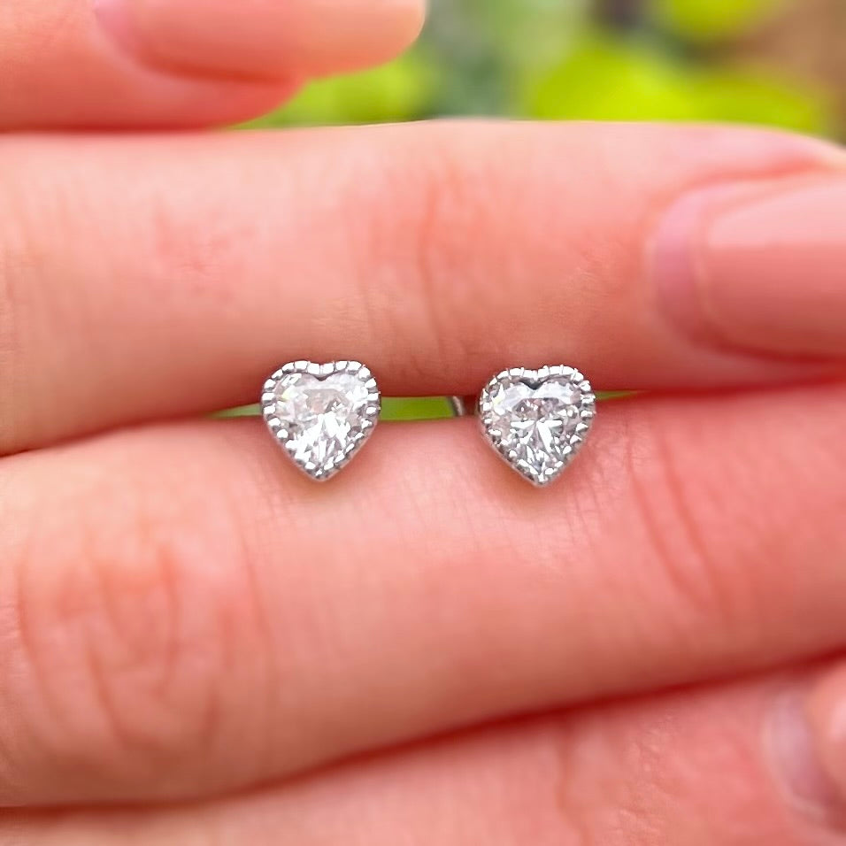 Sterling Silver Faceted Cubic Zirconia Heart Stud Earrings