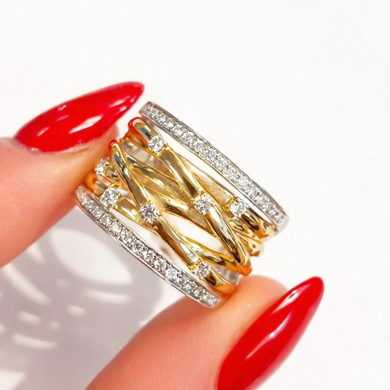 Unusual 9ct Gold Two Tone Wide Diamond Band Ring - Size O