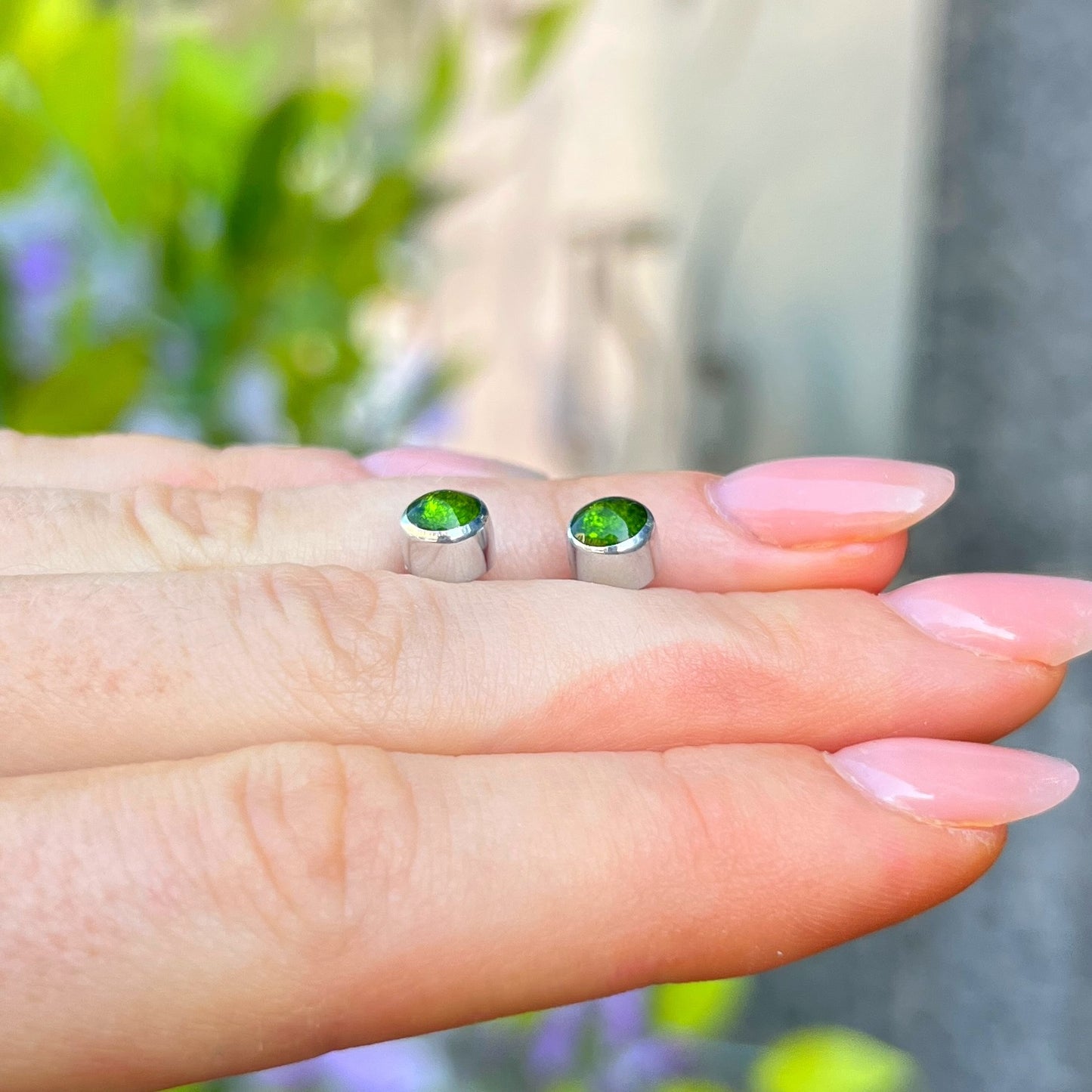 ‘Watch This Space’ Small Green Round Stud Earrings