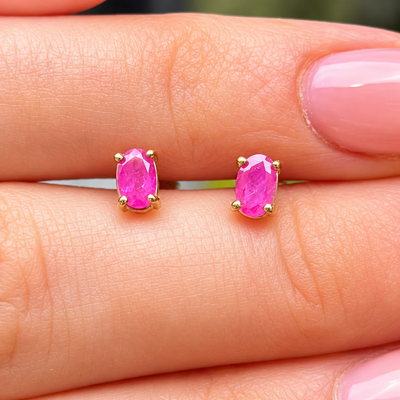 Pink Ruby Oval Cut 9ct Yellow Gold Dainty Stud Earrings