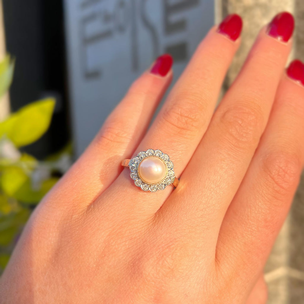 'The Audrey' Pearl and Diamond 9ct Yellow Gold Halo Cluster Ring | Size O