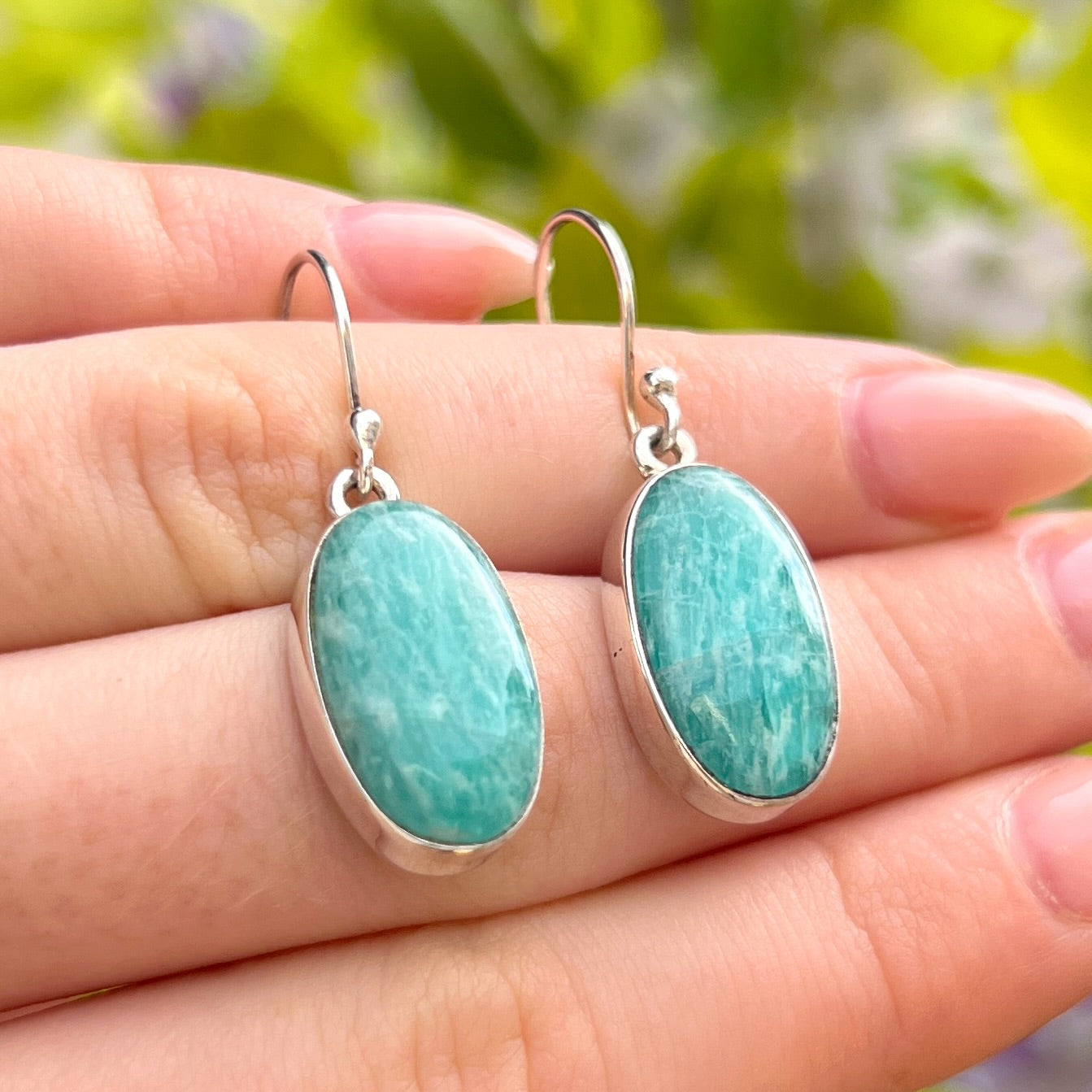 Sterling Silver Oval Blue Amazonite Drop Earrings