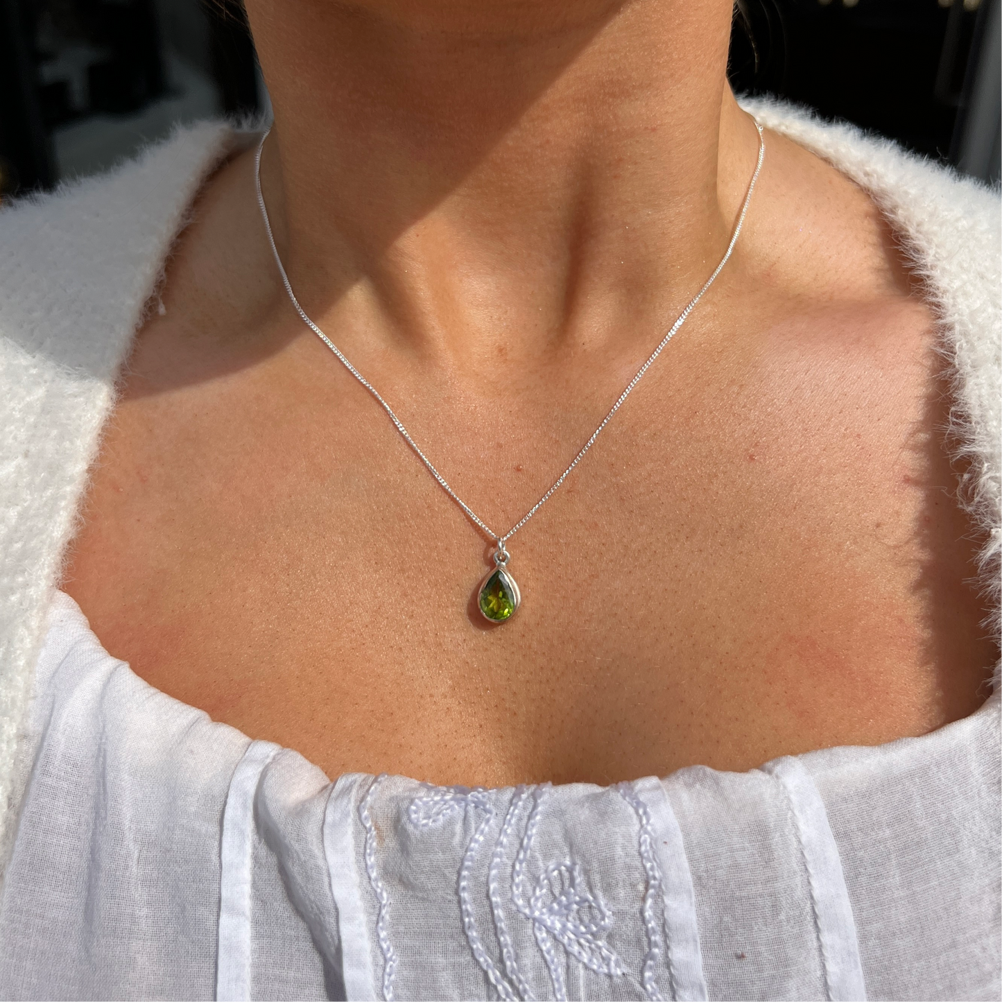 Sterling Silver Pear Cut Green Peridot Necklace