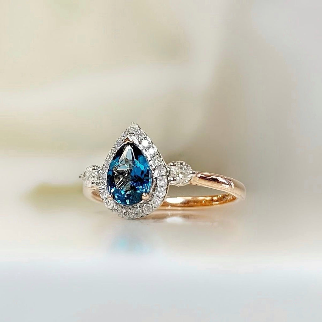 London Blue Topaz and Diamond 9ct Rose Gold Ring | Size M