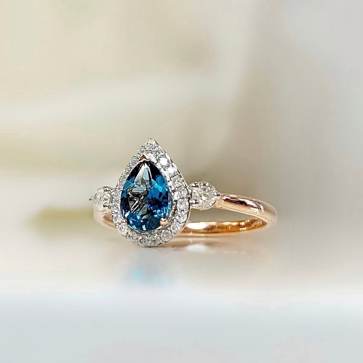 London Blue Topaz and Diamond 9ct Rose Gold Ring | Size M