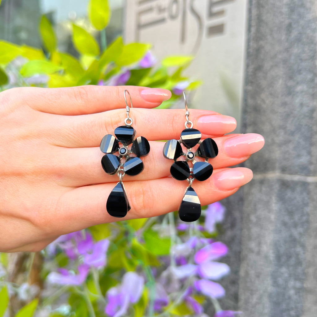 Onyx Sterling Silver Flower Drop Earrings