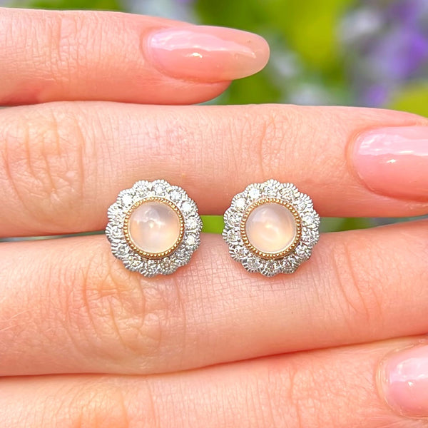 9ct Gold Moonstone and Diamond Cluster Stud Earrings