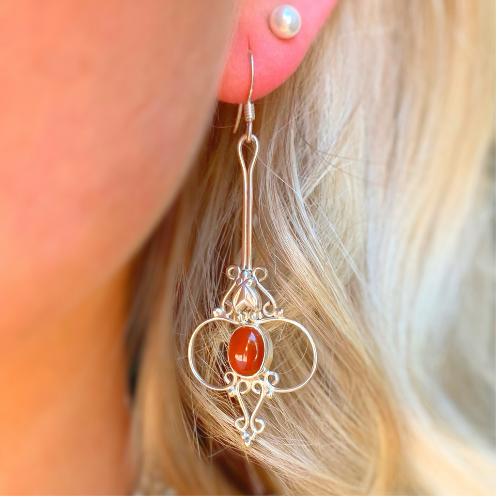 Intricate Filigree Carnelian Sterling Silver Drop Earrings