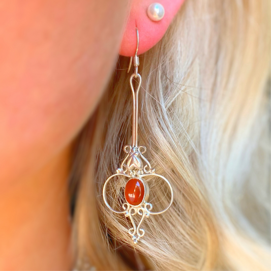 Intricate Filigree Sterling Silver Carnelian Drop Earrings