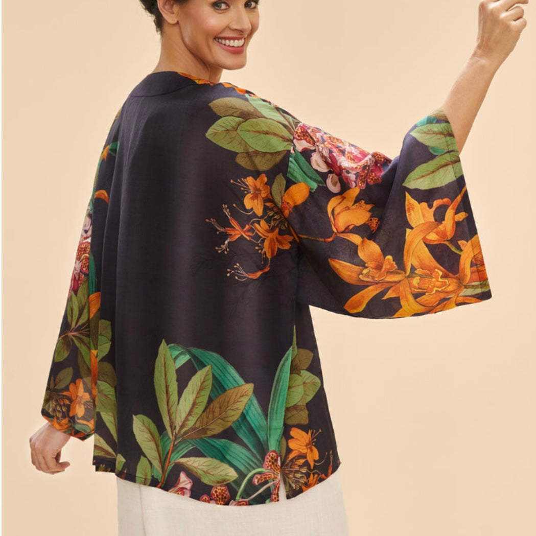 Powder Accessories Botany Bliss in Charcoal Navy Floral Short Kimono Jacket