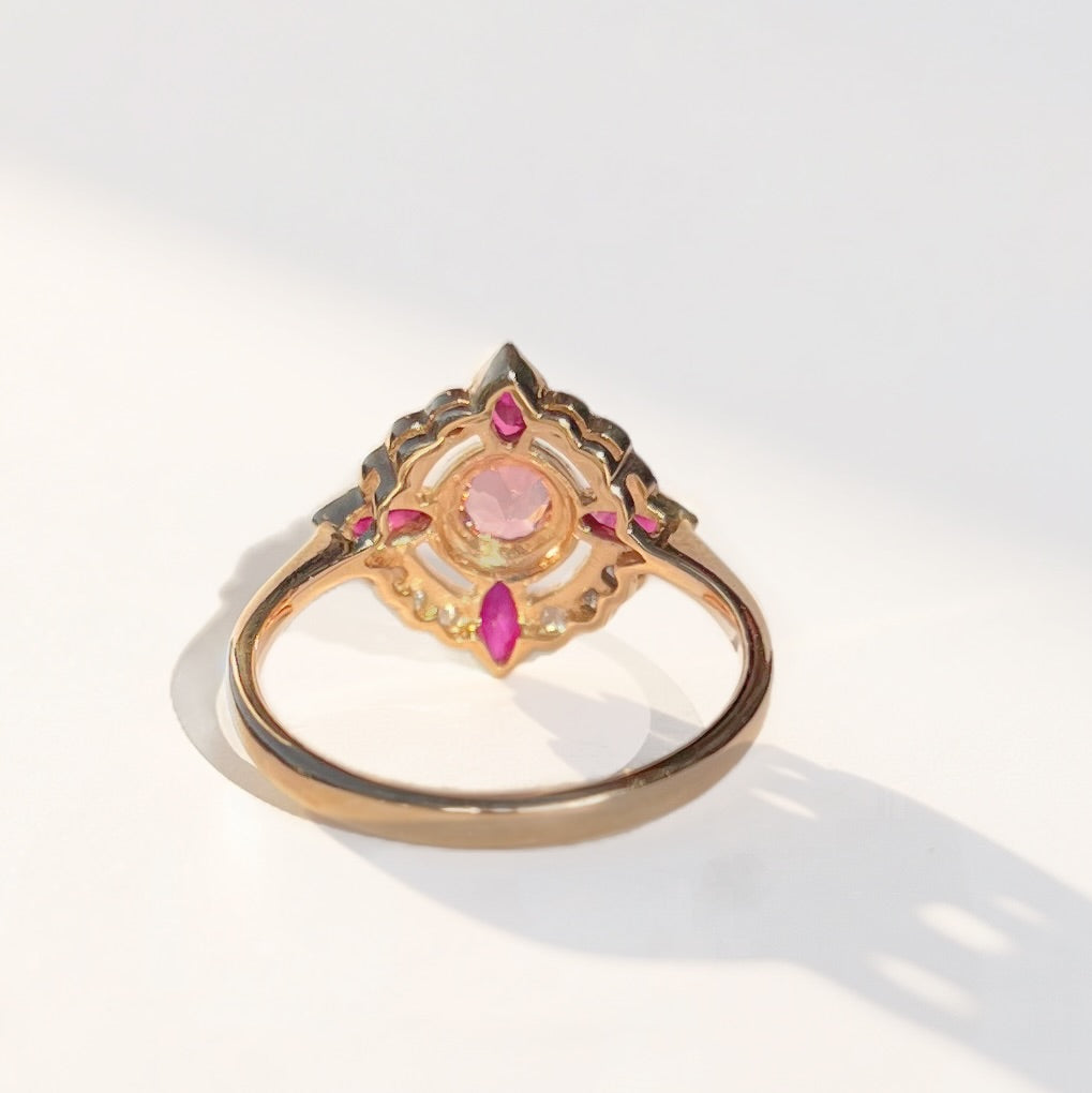 Edwardian Reproduction Pink Tourmaline, Ruby and Diamond 9ct Yellow Gold Ring | Size O