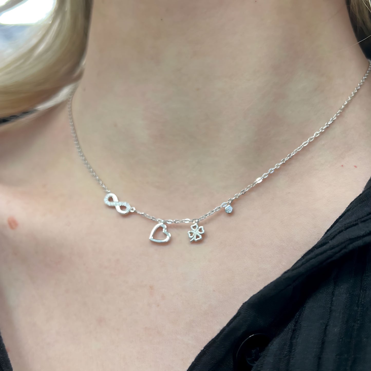 Dainty Sterling Silver Infinity, Heart and Clover Charm Necklace