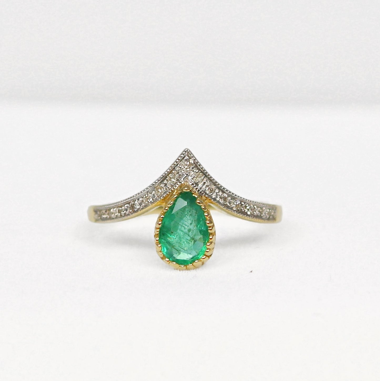 'Ariel' Ring - 9ct Yellow Gold Emerald and Diamond Wishbone Size N ½