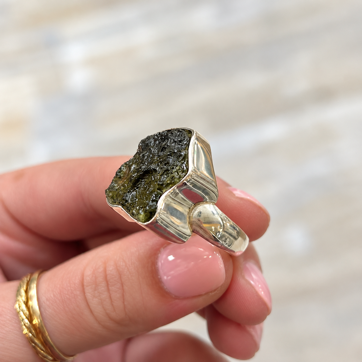 Rough Cut Green Moldavite Sterling Silver Ring | Size P