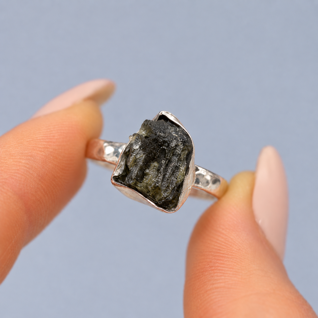 Rough Cut Green Moldavite Sterling Silver Ring | Size P