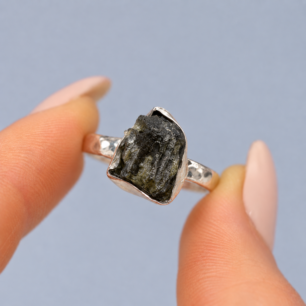 Rough Cut Green Moldavite Sterling Silver Ring | Size P