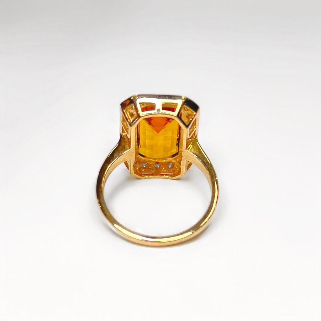 Art Deco Inspired Madeira Citrine and Diamond 9ct Yellow Gold Halo Cocktail Ring | Size N ½