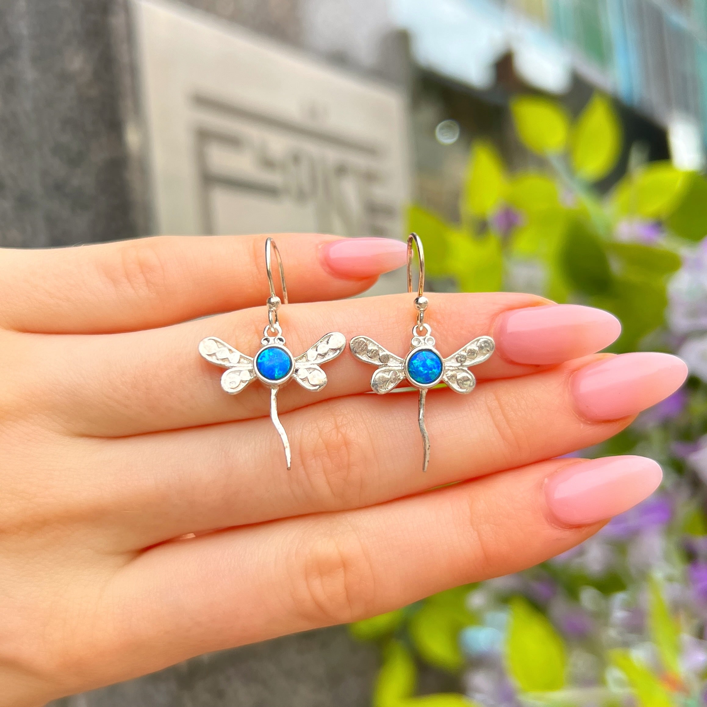 Blue Opal Sterling Silver Dragonfly Drop Earrings