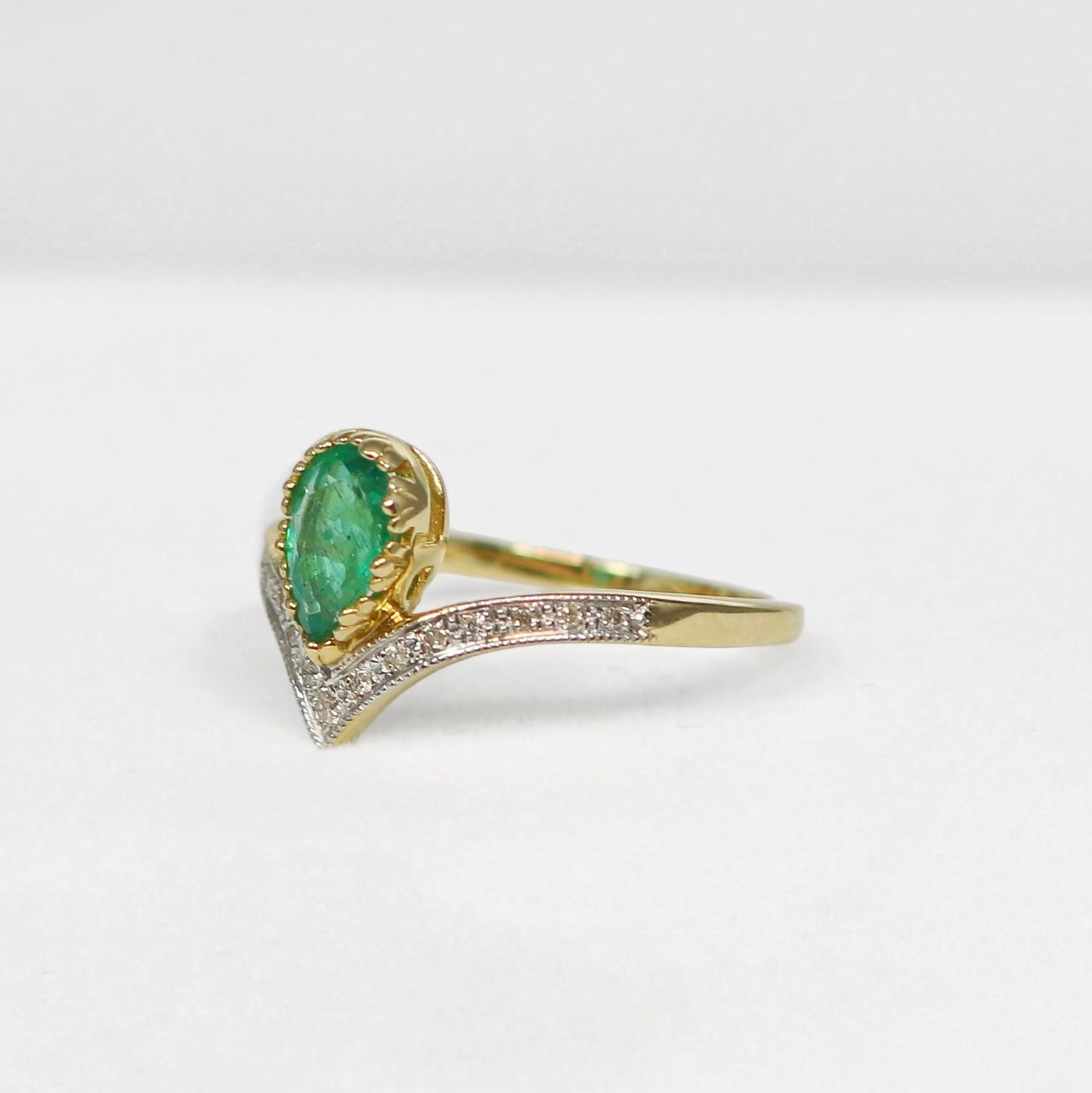 'Ariel' Ring - 9ct Yellow Gold Emerald and Diamond Wishbone Size N ½