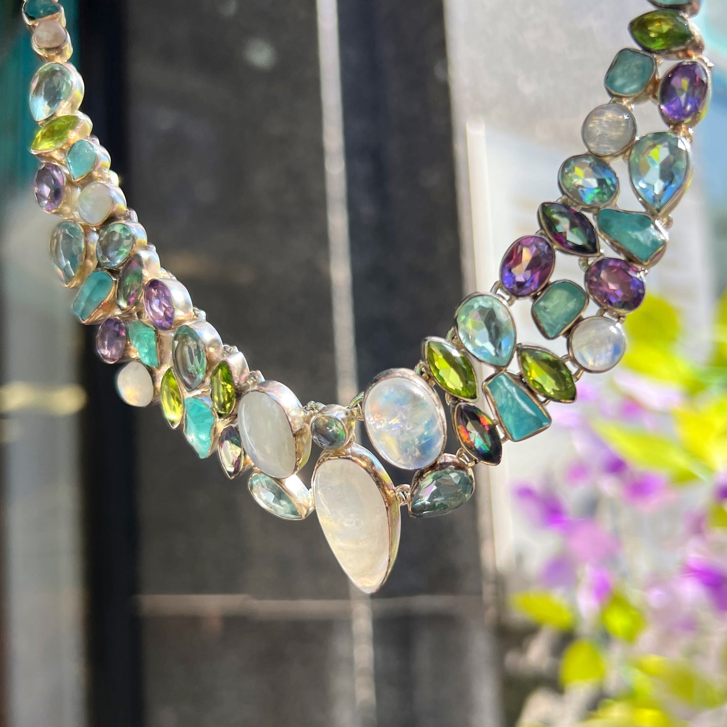 Rainbow Moonstone, Amethst, Aquamarine, Peridot & Mystic Topaz Chunky Sterling Silver Statement Necklace